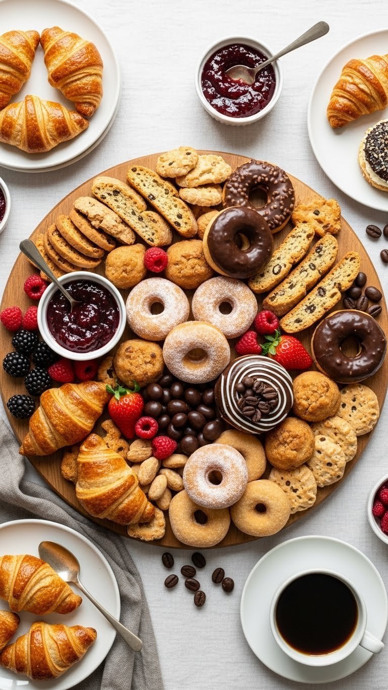 Coffee and pastry pairing board with croissants, biscotti and chocolate-covered espresso beans arranged beautifully