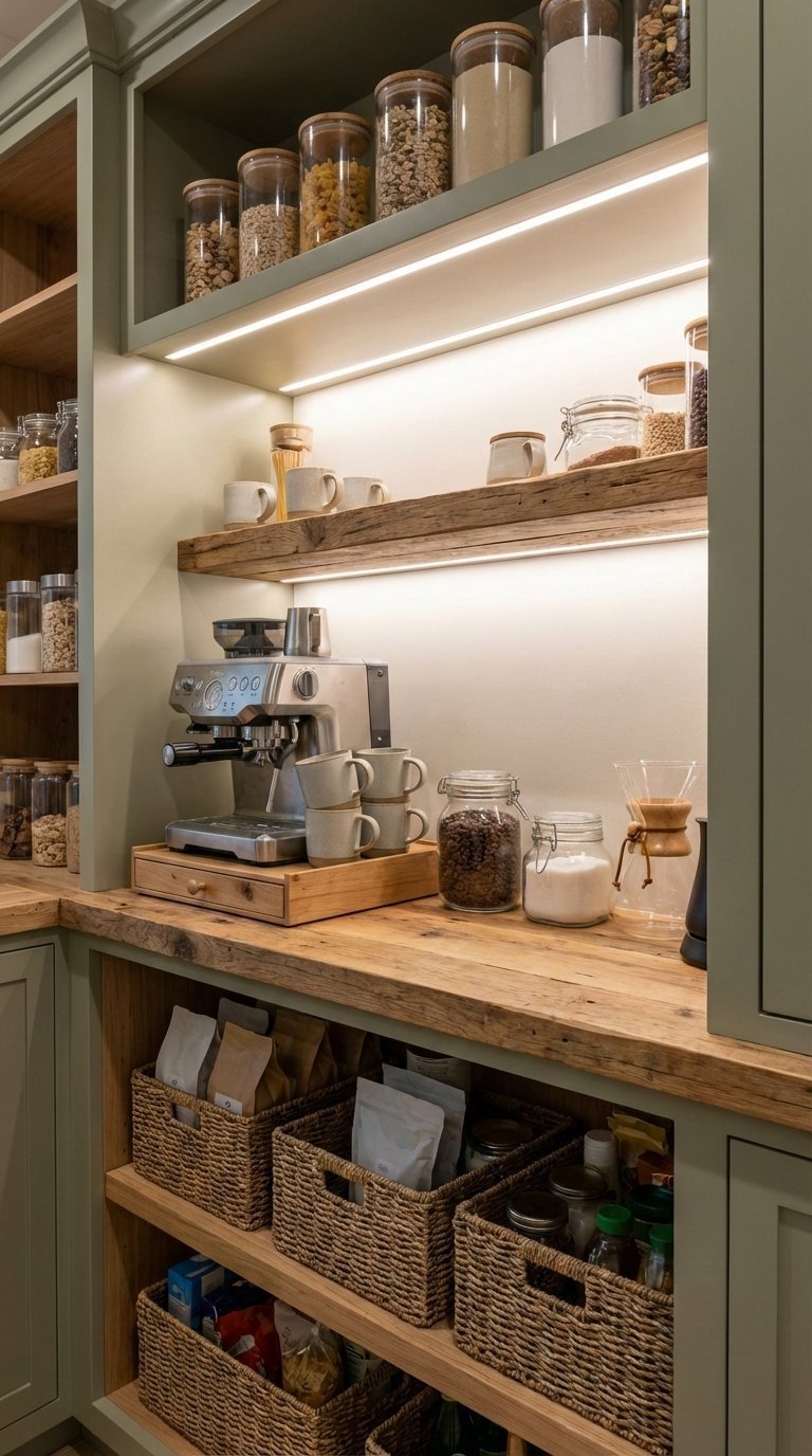 Coffee bar built into pantry shelf with coffee maker, stacked mugs, and clear containers organized in fresh green and wood tones.
