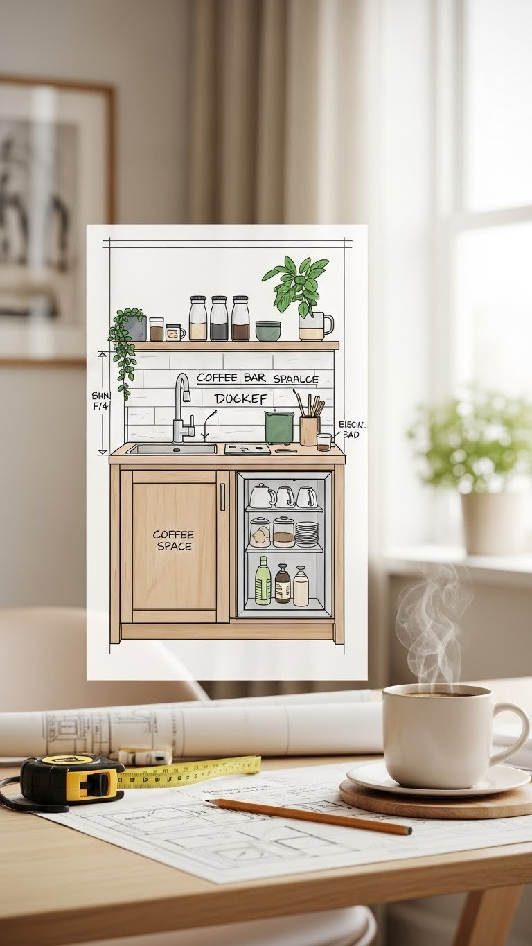 Coffee bar layout blueprint showing sink placement, electrical outlets, and mini-fridge space on wooden desk with measuring tape