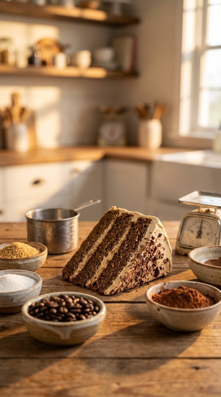 Coffee flavored cake with baking ingredients like sugar and coffee beans arranged on rustic wooden table for balance