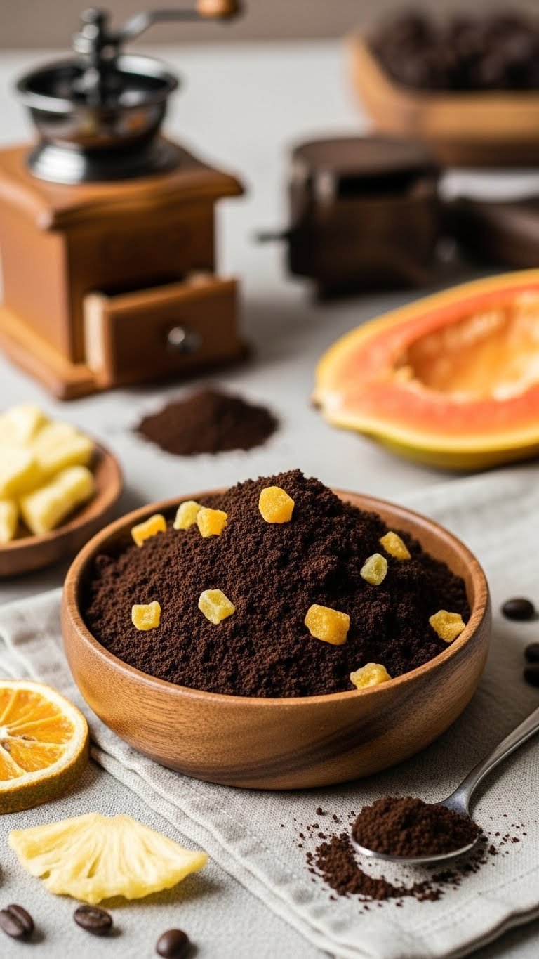 Coffee grounds infused with dried pineapple and mango pieces in rustic wooden bowl