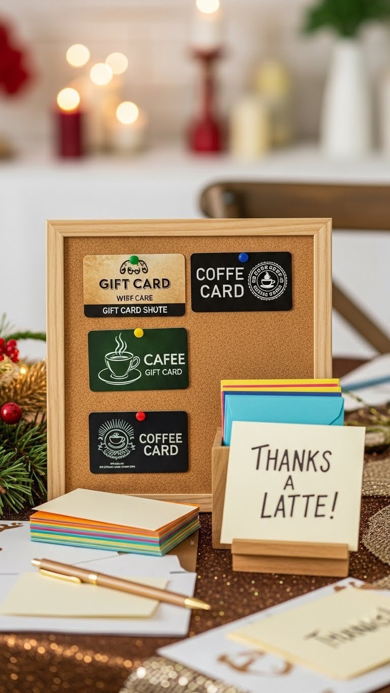 Coffee shop gift card station with corkboard display of cards and colorful envelopes for gifting