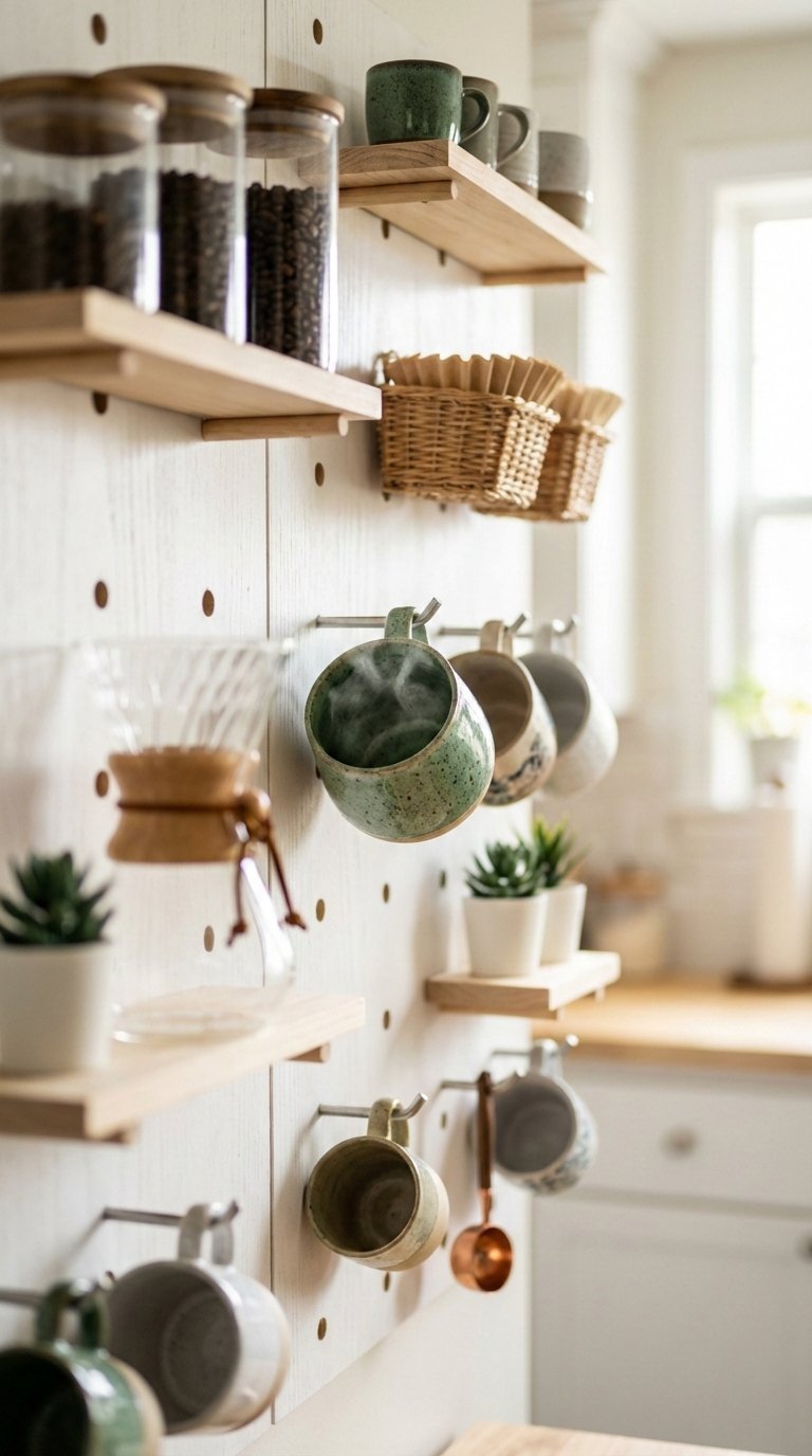 Coffee station organized on white pegboard wall with hooks for mugs, pour-over dripper, and small plants in fresh green tones.