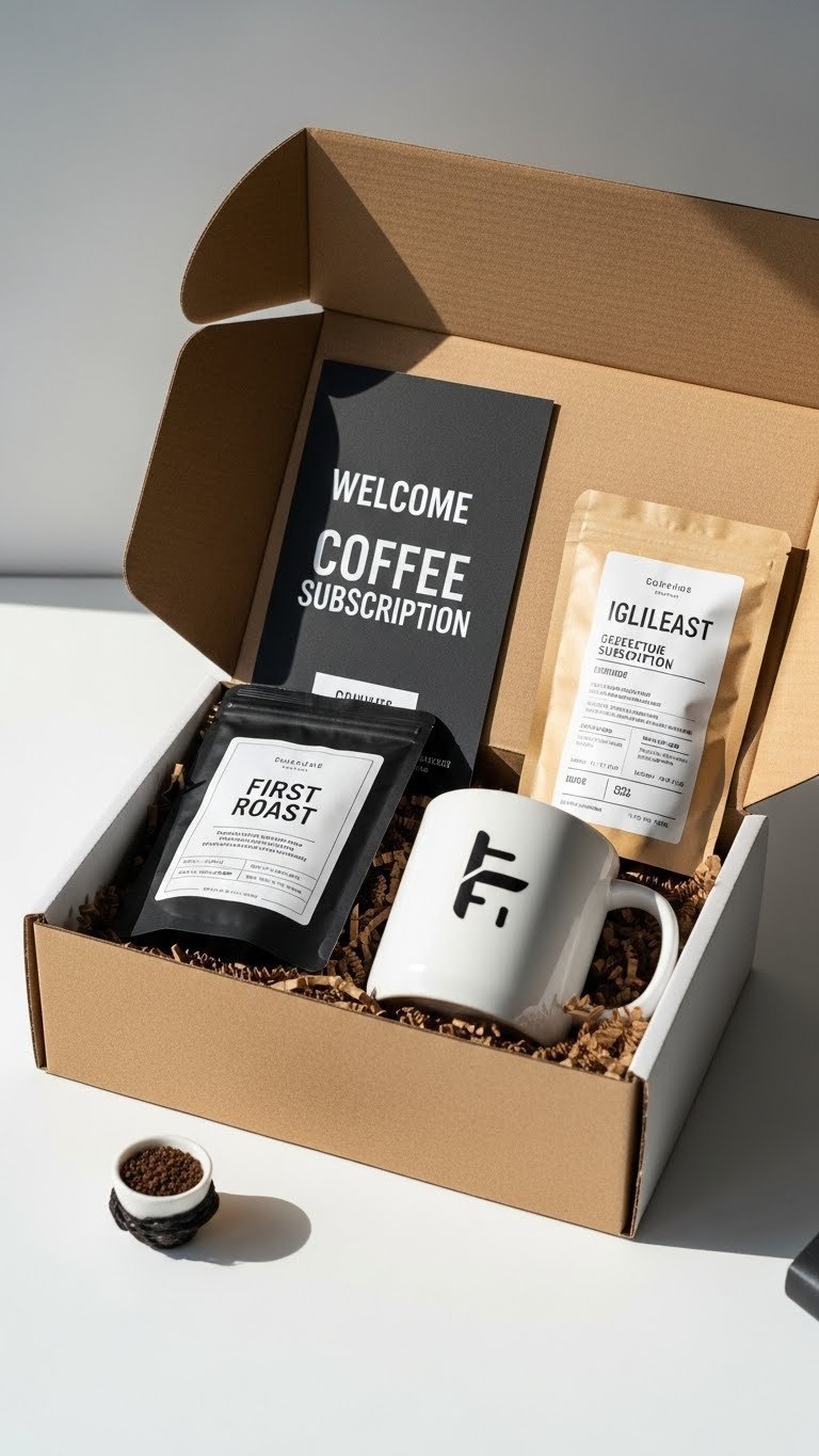 Coffee subscription welcome gift box with modern mug, first roast beans, and welcome card on light surface