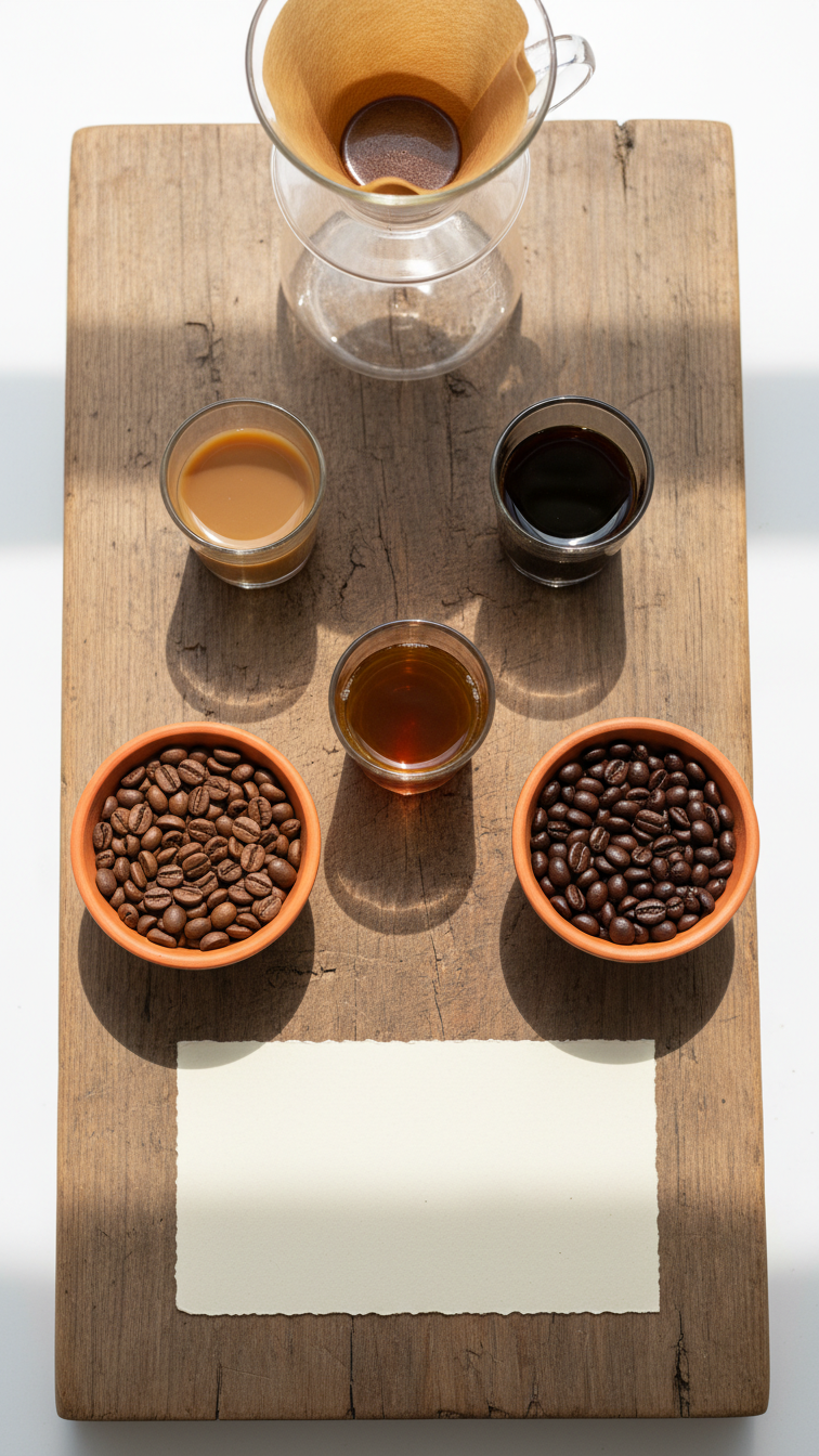 Coffee tasting flight with three different brews on rustic wooden board with pour-over dripper