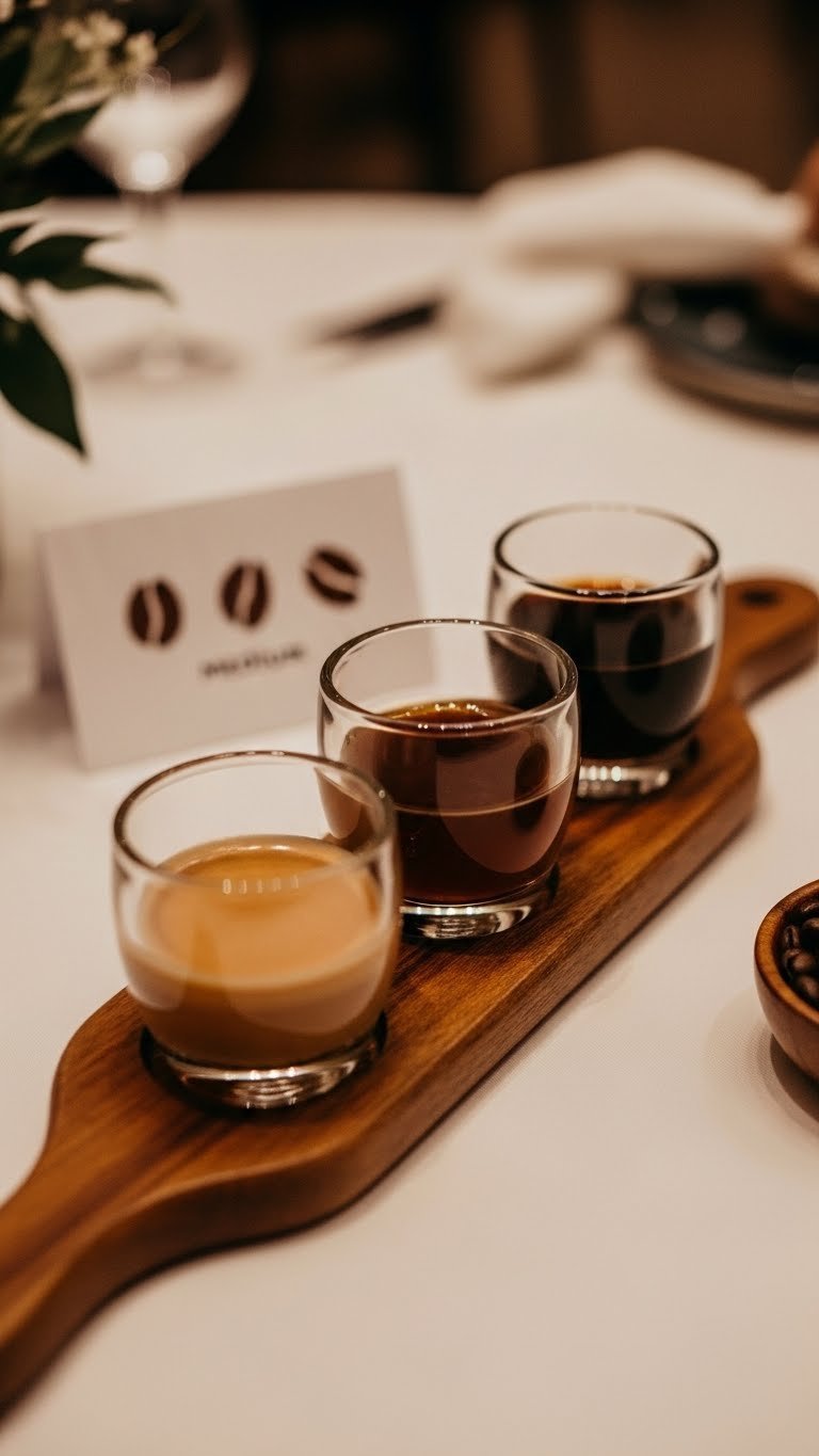 Coffee tasting flight with three glasses of light, medium, and dark roast on wooden paddle at wedding