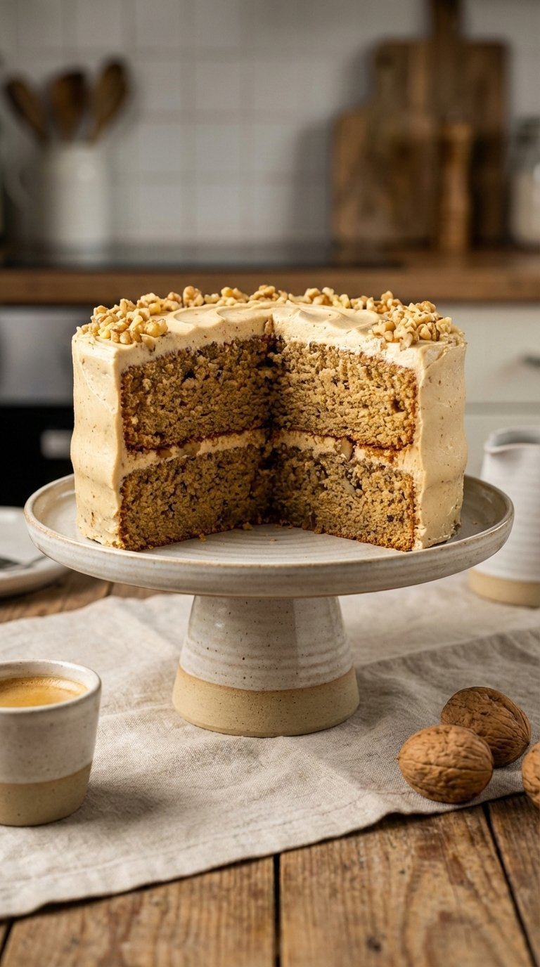 Coffee walnut cake with buttercream frosting and chopped walnuts on ceramic cake stand with cup of coffee on rustic wooden table.