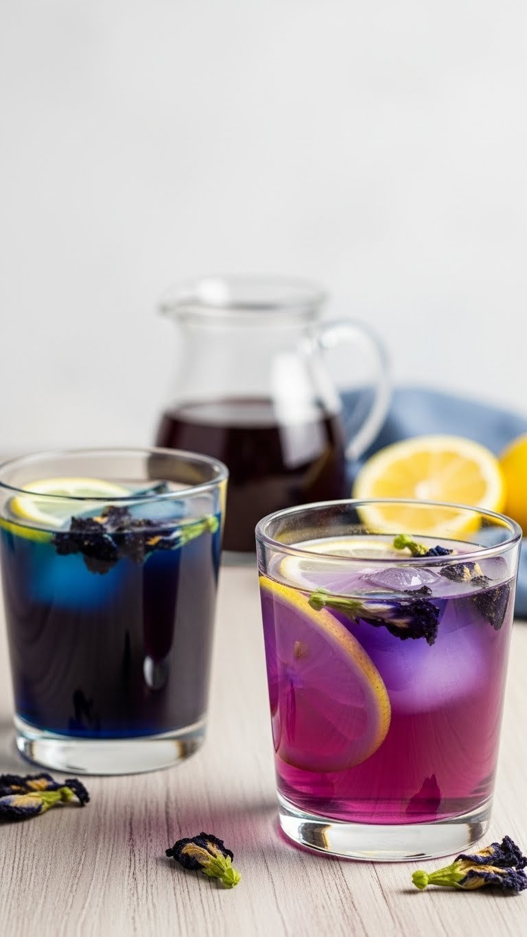 Color-changing butterfly pea flower lemonade showing indigo and purple transformation in clear glasses
