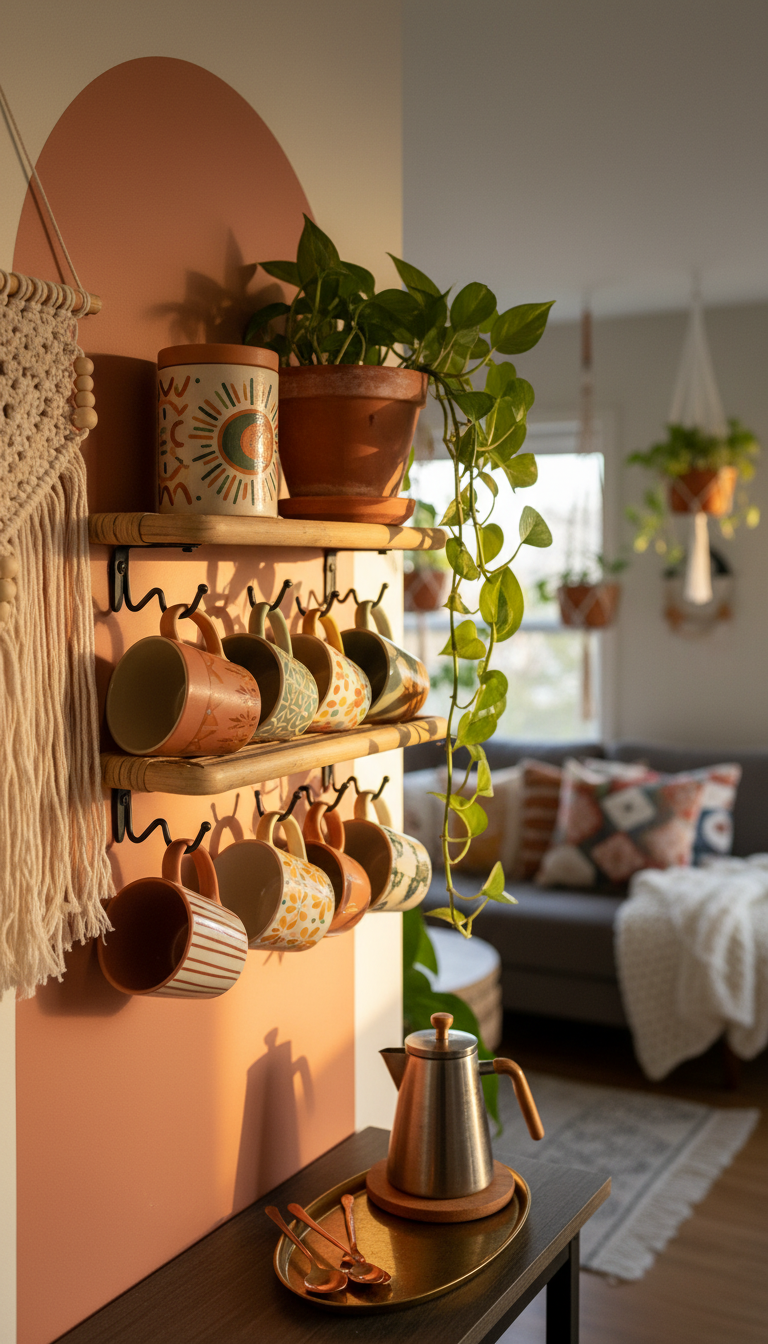 Colorful Boho coffee bar with mismatched ceramic mugs hanging under rattan shelf and trailing plants