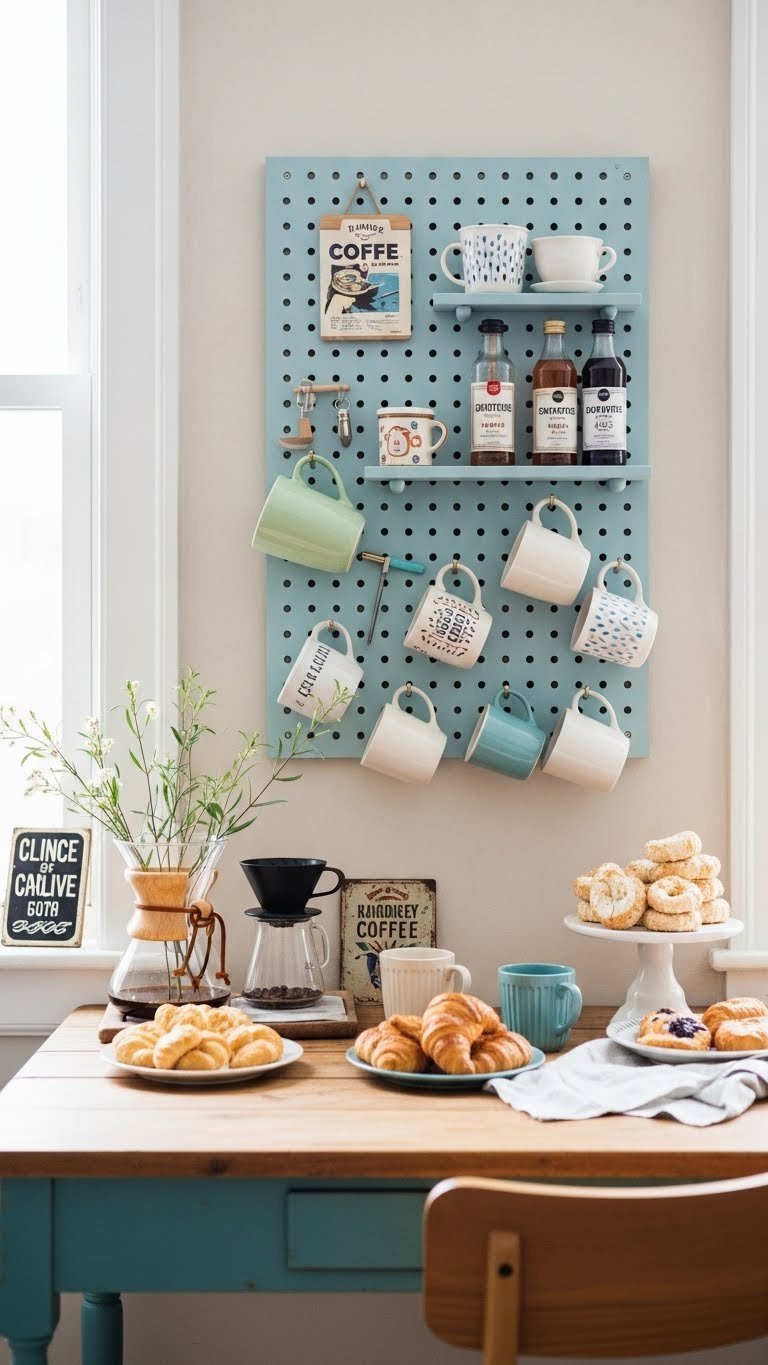 Colorful DIY pegboard coffee bar with eclectic mug display and coffee accessories on rustic table
