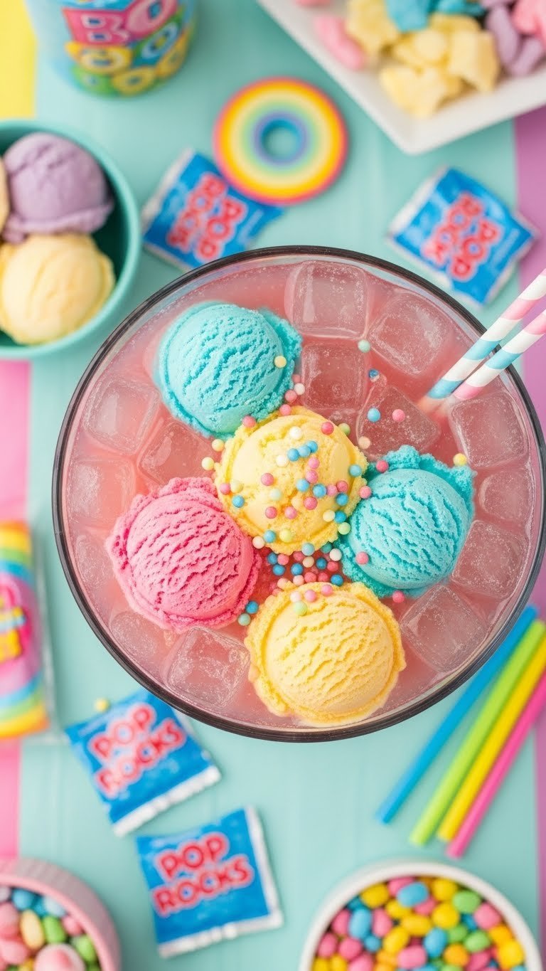 Colorful Pop Rocks Punch in clear glass bowl with rainbow sherbet scoops and candy on retro tablecloth