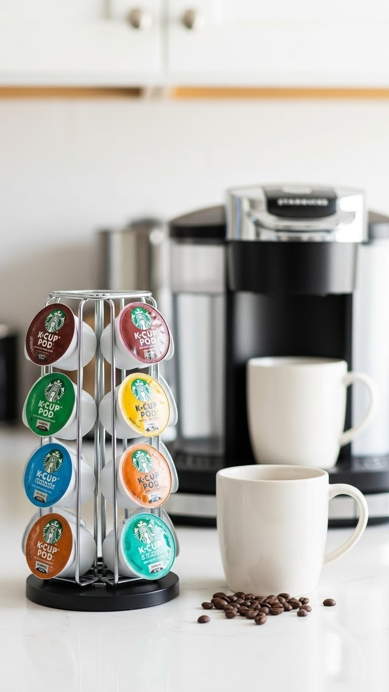Colorful Starbucks K-Cup pods arranged in holder with single-serve coffee machine blurred in background
