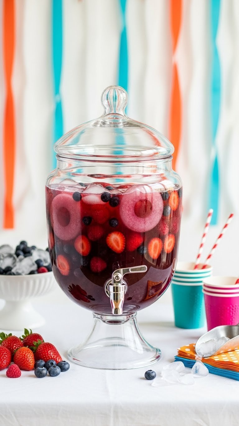 Colorful berry punch in clear glass bowl with floating strawberries and blueberries surrounded by festive party cups