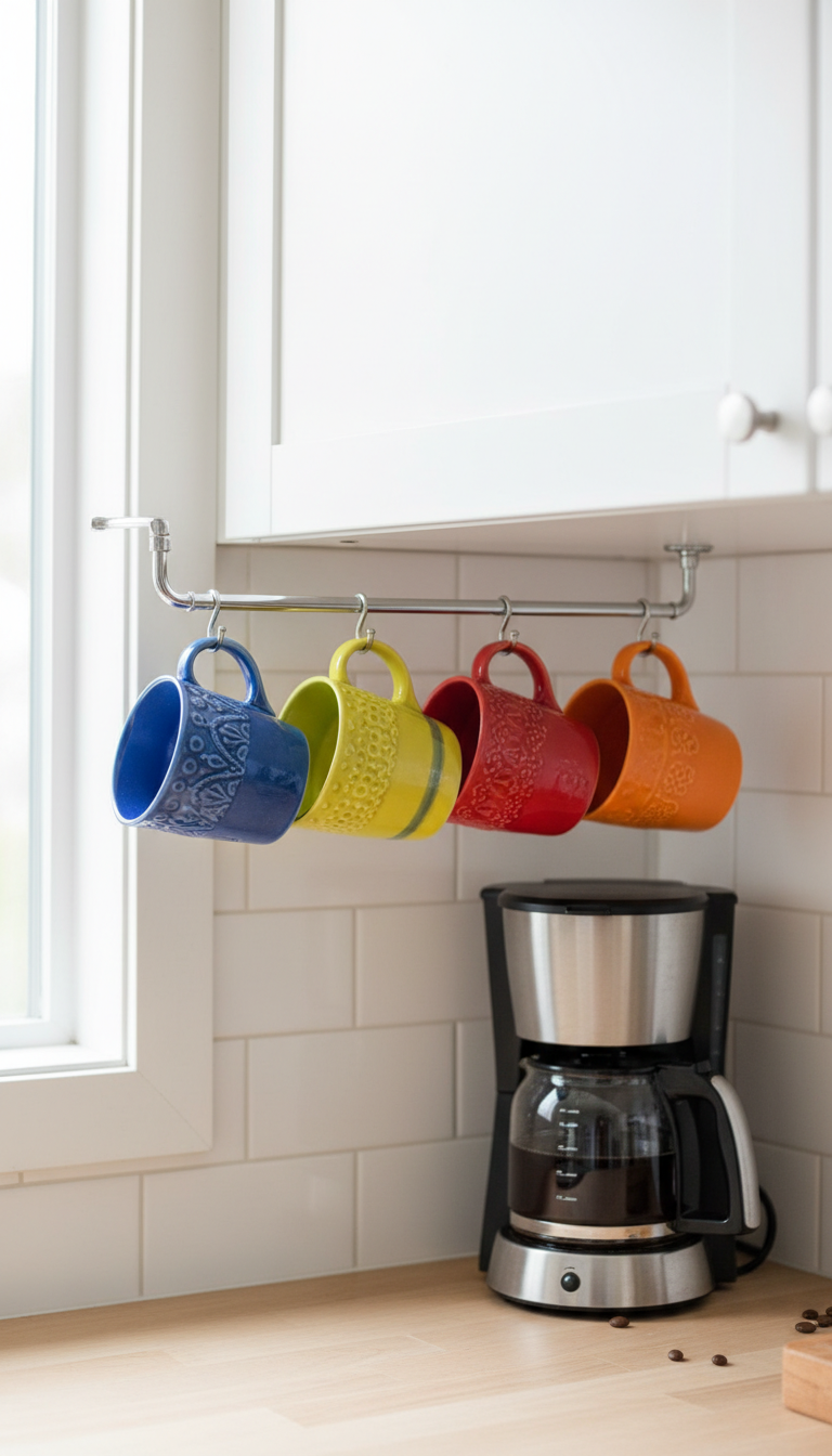 Colorful ceramic mugs hanging from under-cabinet hook rack above coffee maker in kitchen