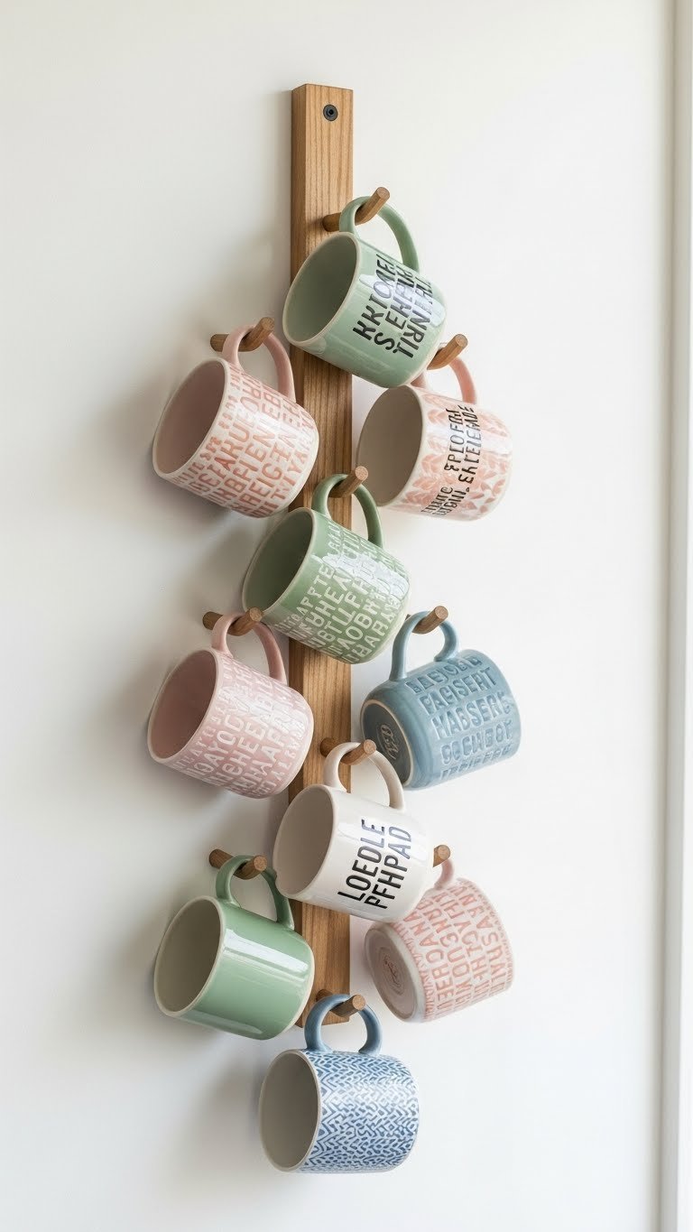 Colorful coffee mug collection displayed on multi-tiered wall rack against clean white wall