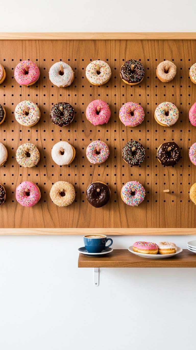Colorful donut and coffee bar with donuts hanging on wooden pegboard wall and coffee cup below