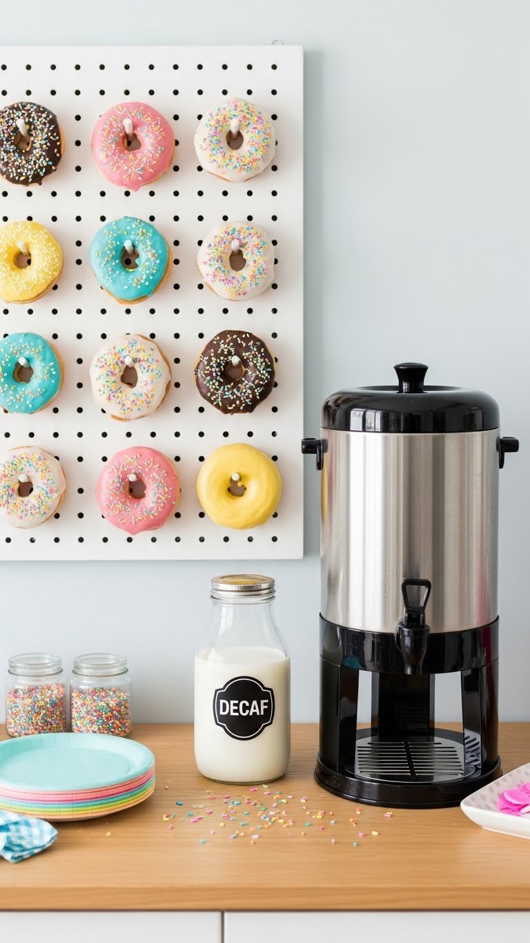Colorful donut wall with assorted frosted donuts hanging next to decaf coffee dispenser for vibrant baby shower coffee station.