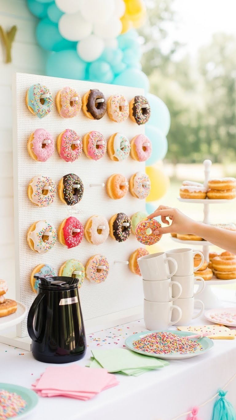 Colorful donut wall with frosted donuts hanging next to coffee carafe and mugs at festive graduation celebration