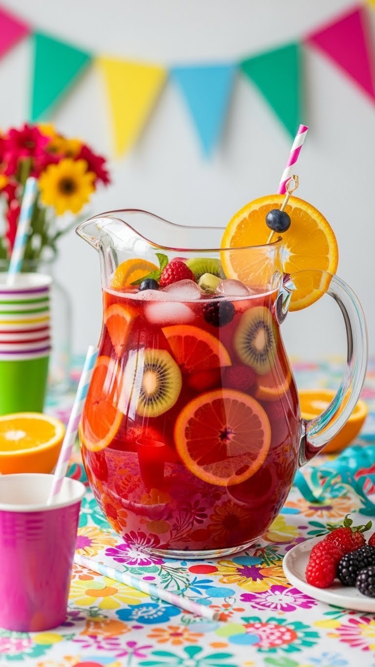 Colorful fiesta fruit punch in festive glass pitcher with orange slices and berries on patterned party tablecloth