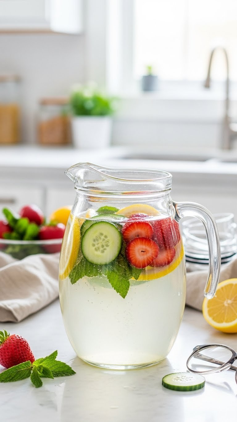 Colorful fruit infused water in clear pitcher with cucumber and mint slices on marble countertop