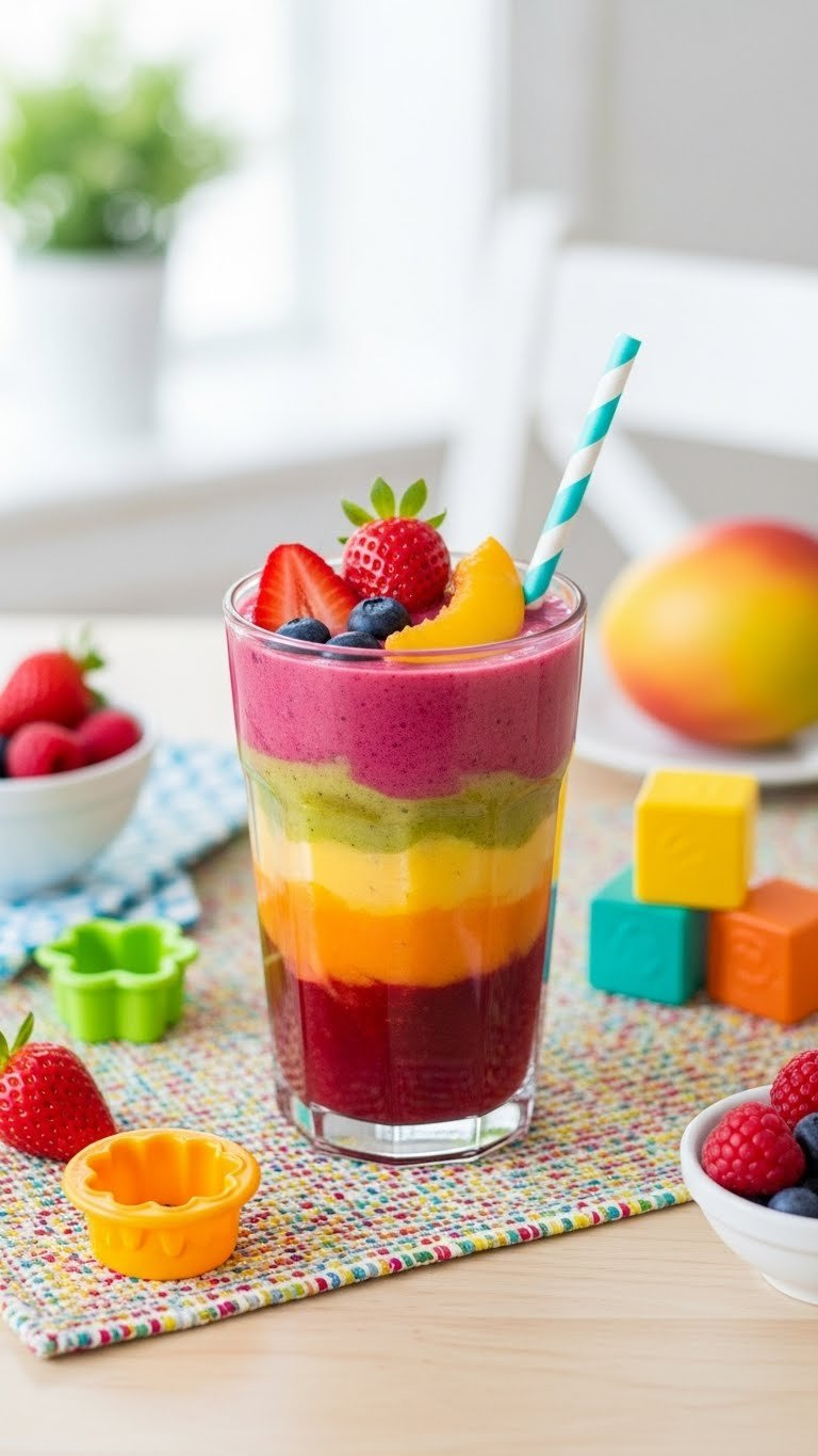 Colorful kid-friendly fruity fusion smoothie with layered fruit colors in fun cup with straw on patterned placemat
