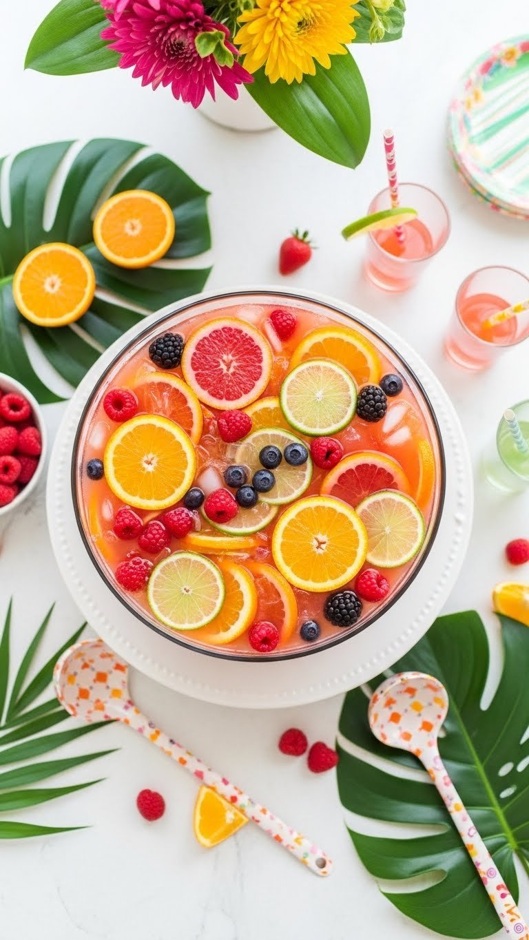 Colorful tropical coral reef punch bowl with rainbow fruit slices creating coral effect on white ceramic serving platter.