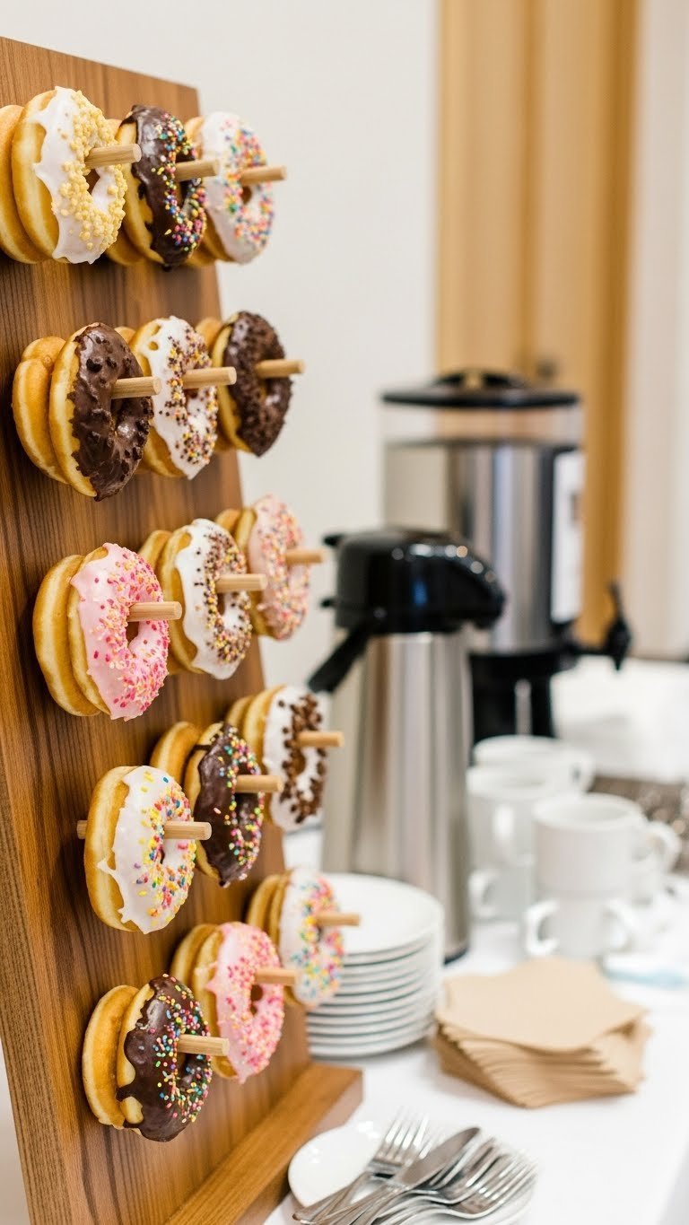 Colorful wedding donut wall with gourmet donuts displayed next to coffee station with carafes and cups