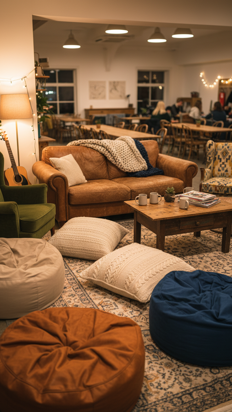 Comfortable youth lounge seating with leather couch, mismatched armchairs, and floor cushions on soft area rug