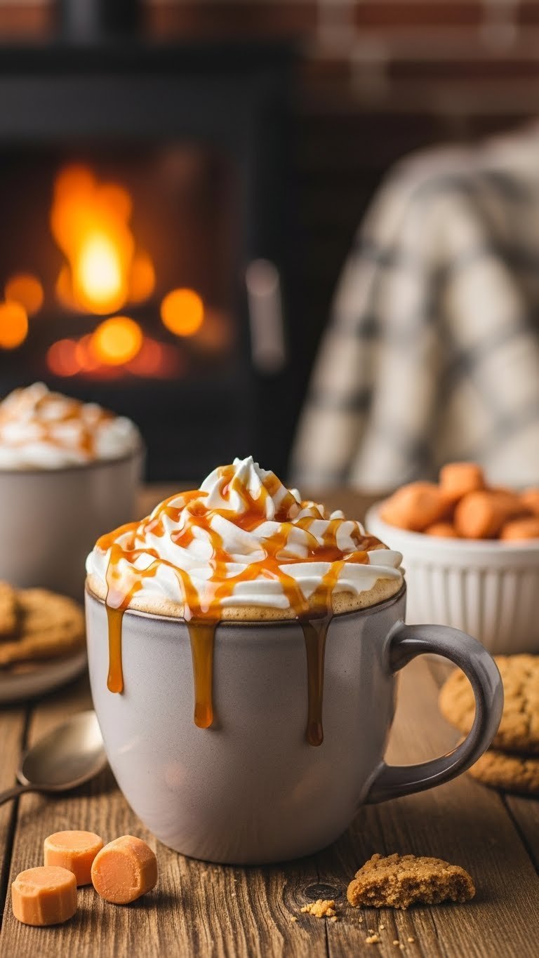 Comforting butterscotch coffee in cozy mug with whipped cream and butterscotch drizzle on rustic wooden table