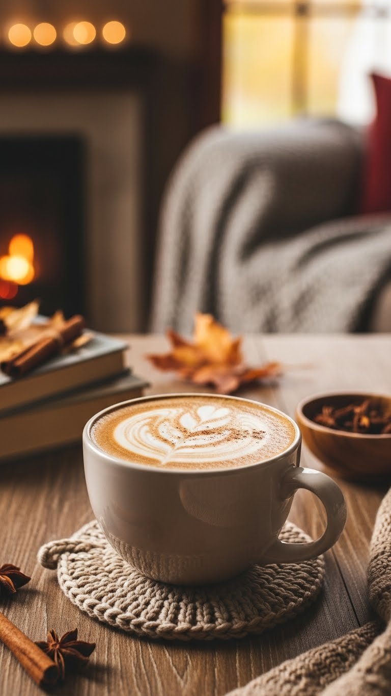 Comforting creamy chai latte in ceramic mug with cinnamon dusting on rustic wooden table