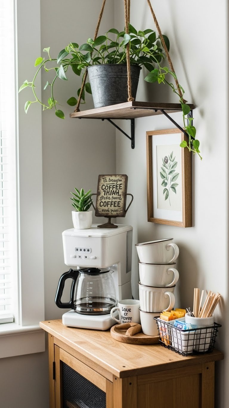 Compact Joanna Gaines farmhouse coffee corner with narrow console table, white ceramic coffee maker, vintage mugs, and botanical print.