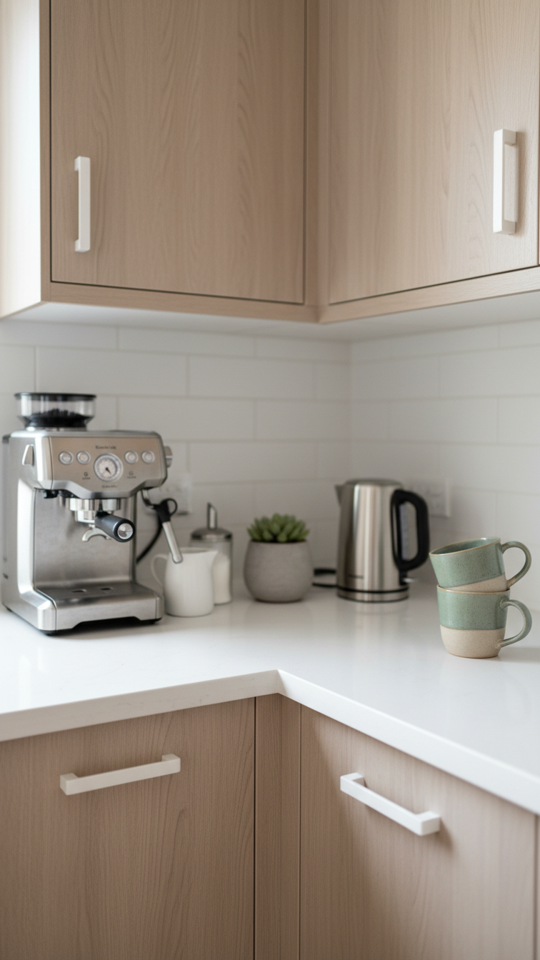Compact L-shaped coffee nook with minimalist design featuring espresso maker and stylish mugs in bright kitchen corner