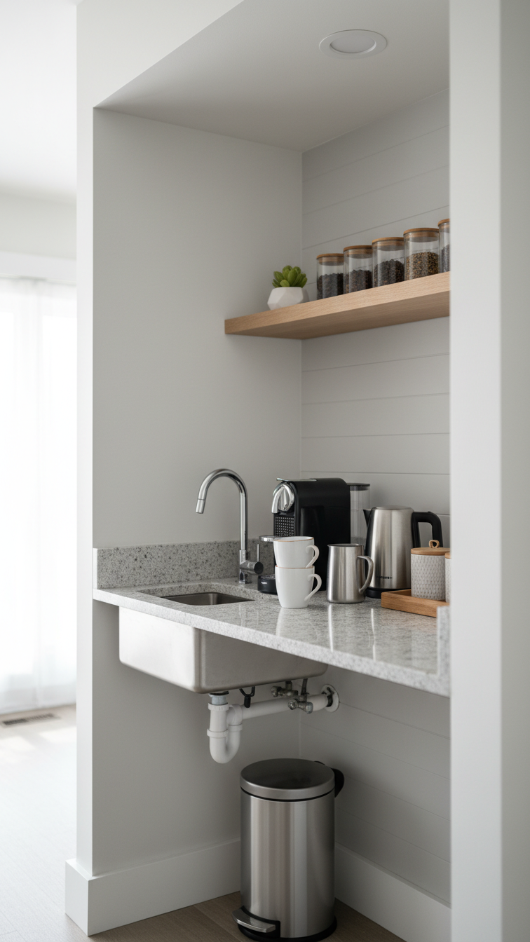 Compact L-shaped wet bar coffee station with integrated sink, stylish faucet, and organized essentials
