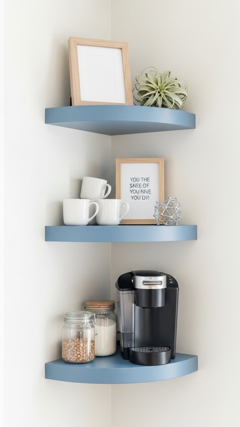 Compact blue floating shelf coffee bar with space-efficient design, single-serve coffee maker, and minimalist decor