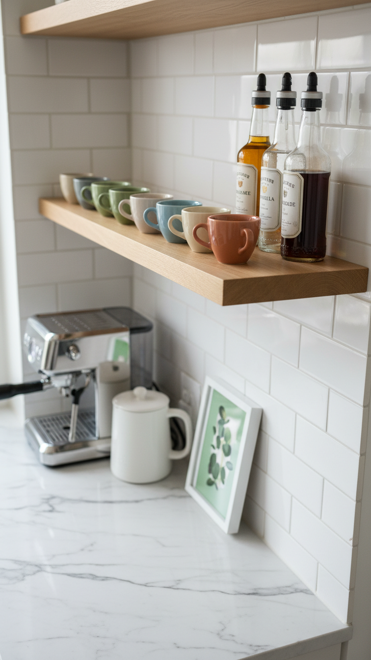 Compact coffee nook with light oak floating ledge shelf above marble countertop featuring colorful espresso cups
