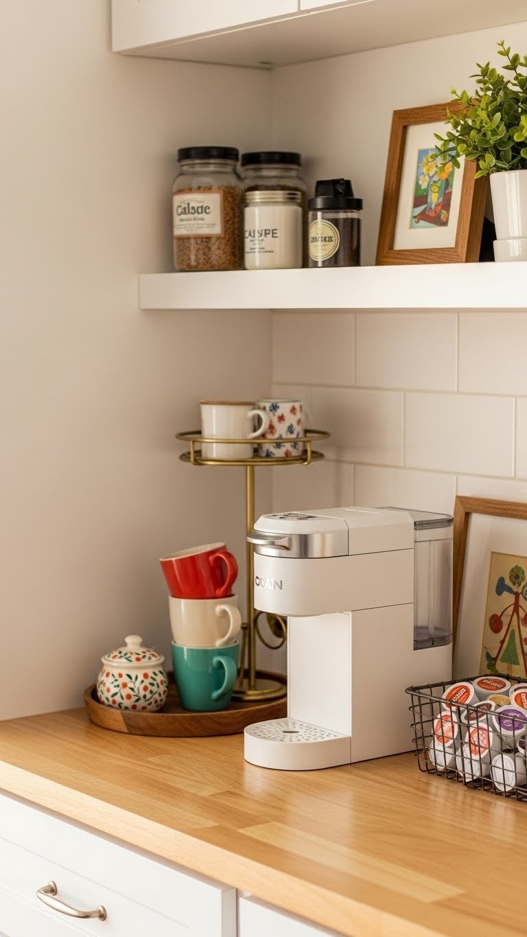 Compact coffee nook with narrow buffet, single-serve coffee maker, and colorful mugs on light wooden countertop with floating shelf above.