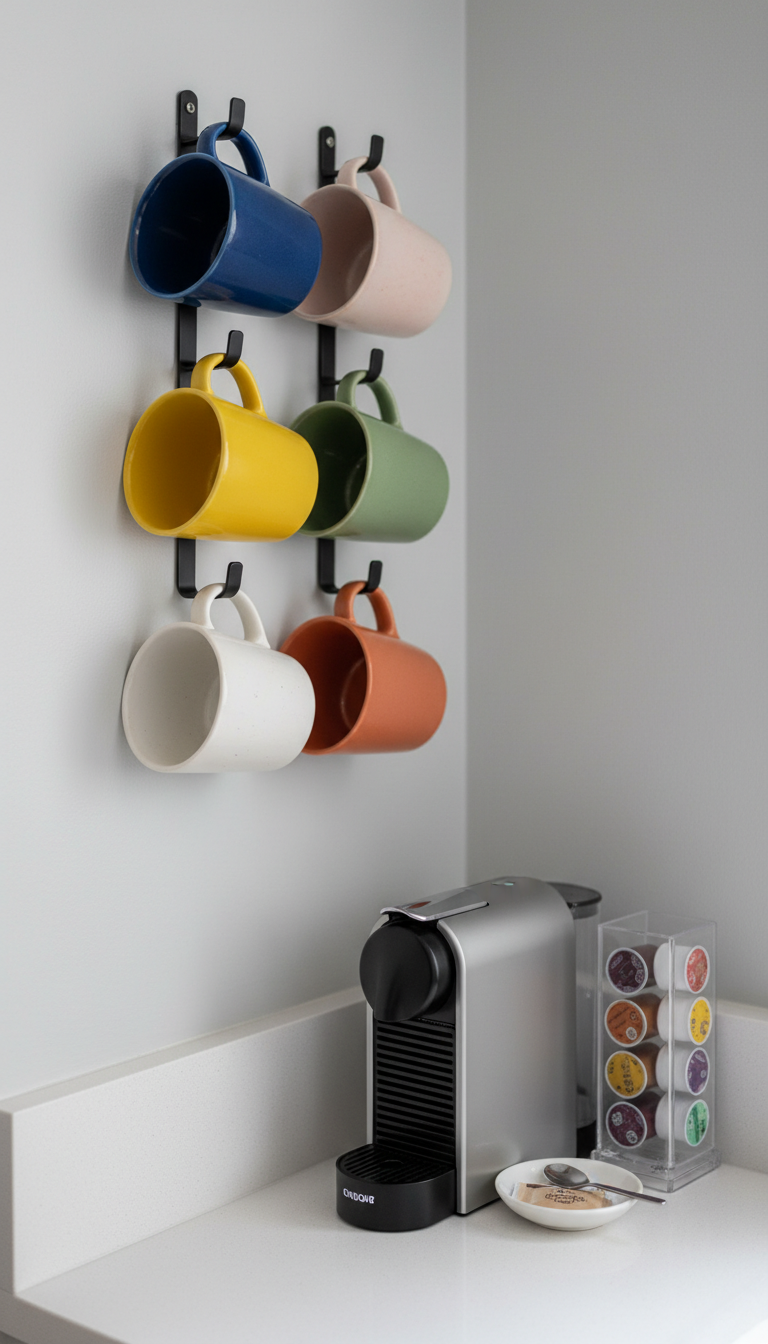 Compact coffee station with black metal wall-mounted mug rack holding colorful mugs above single-serve coffee maker