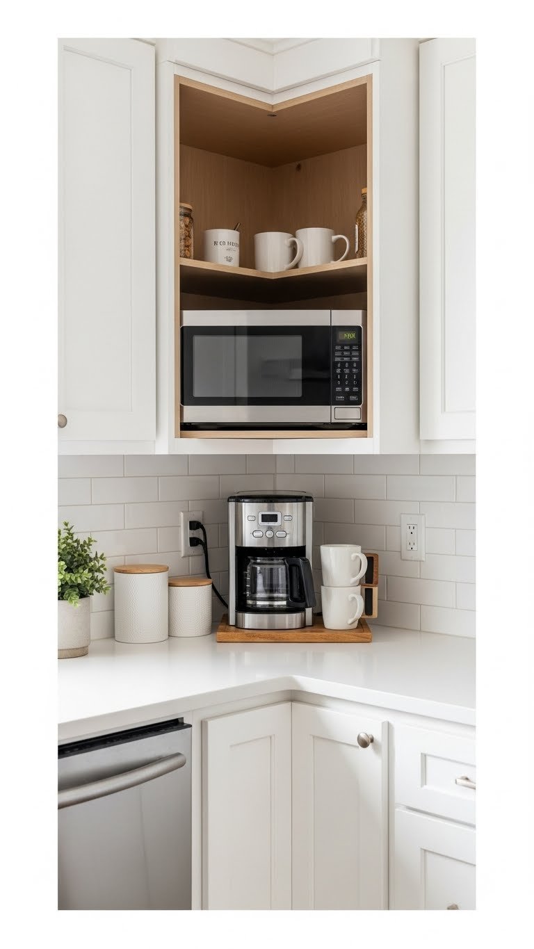 Compact corner cabinet coffee station with integrated microwave making efficient use of kitchen corner space