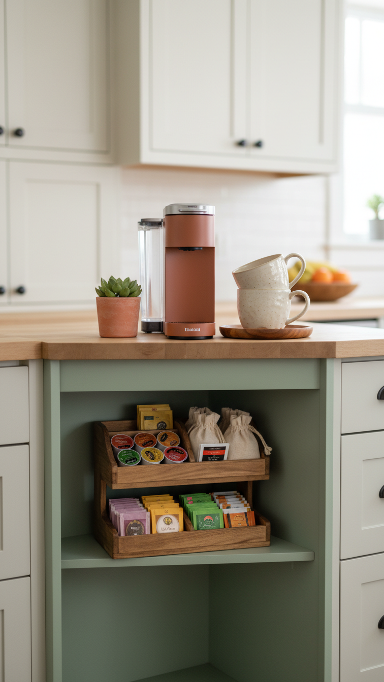 Compact corner coffee hutch in sage green L-shape design with space-saving coffee maker and tiered organizers