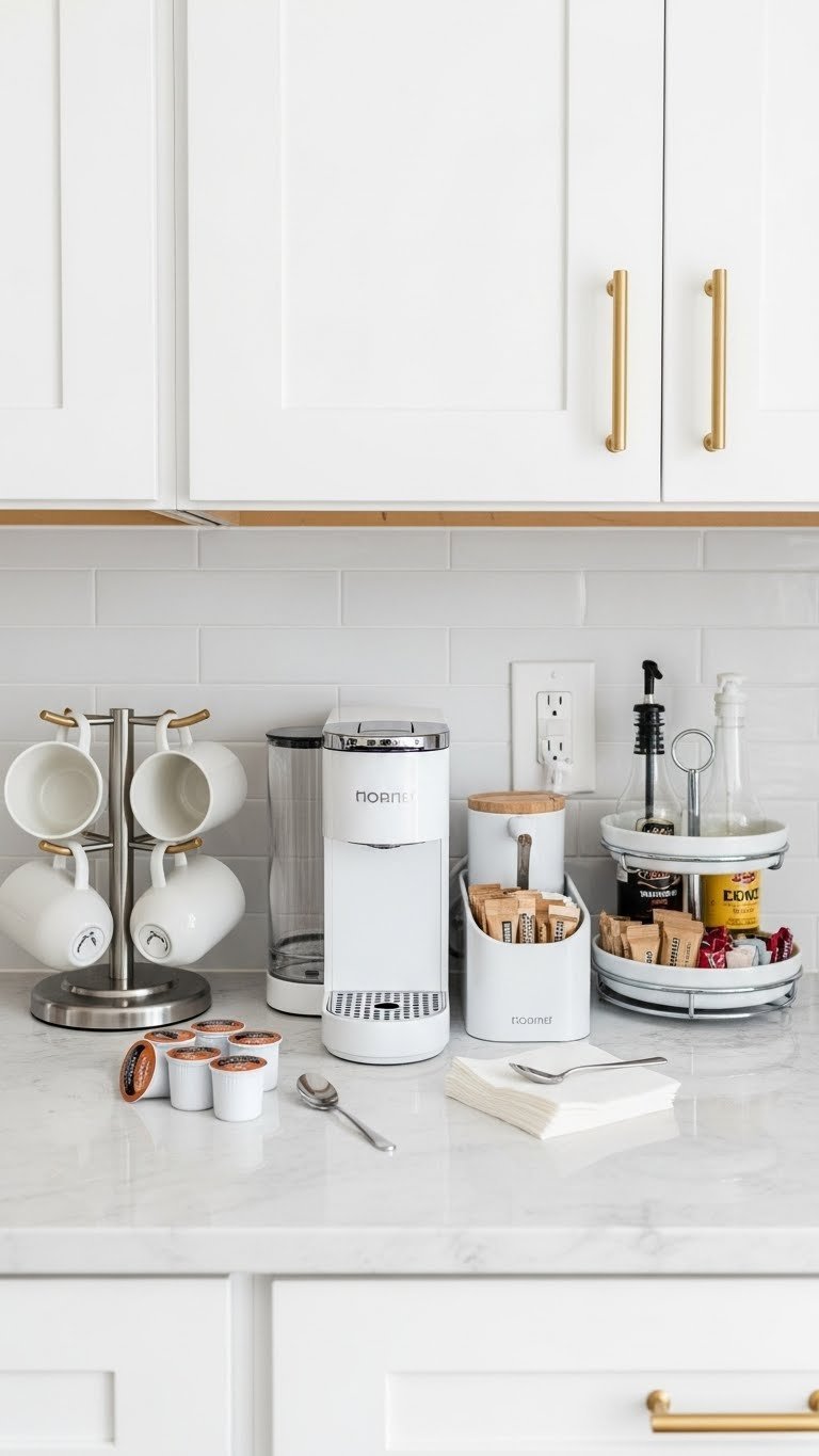 Compact countertop coffee hub with slim coffee maker, vertical mug rack, and tiered syrup stand on marble surface