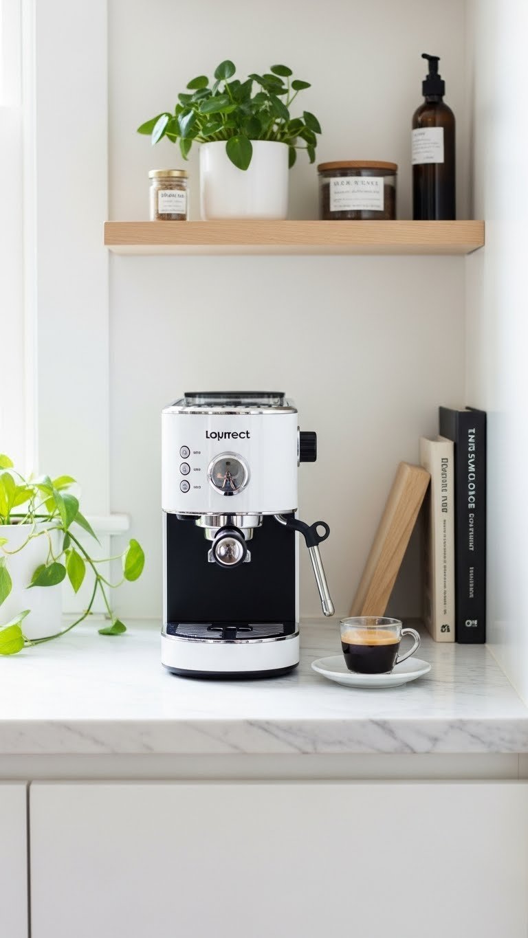 Coffee Bar Espresso Machines: Your Definitive Guide to Perfect Shots 6 Compact espresso machine in small coffee bar setup with espresso cup on light wooden shelf