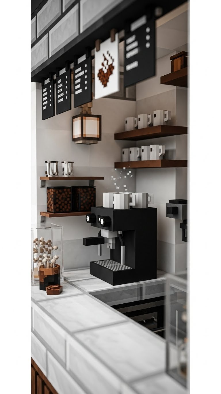 Compact espresso stand in Minecraft showcasing efficient dark block counter, custom cup shelves, and smart space utilization