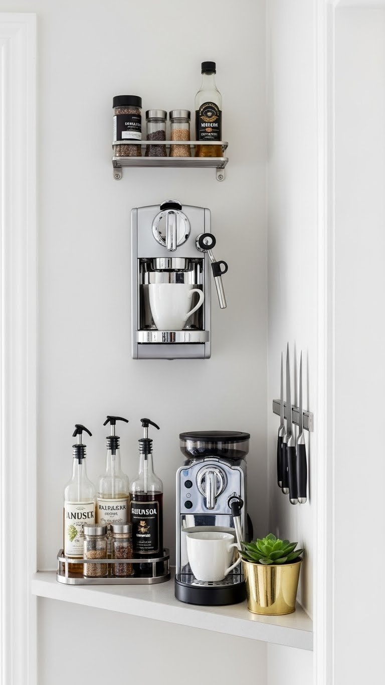 Compact glam coffee nook with vertical shelving, wall-mounted machine, and metallic accents in small space