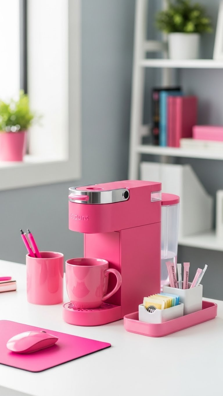 Compact hot pink office desk coffee setup with vibrant single-serve coffee maker and mug