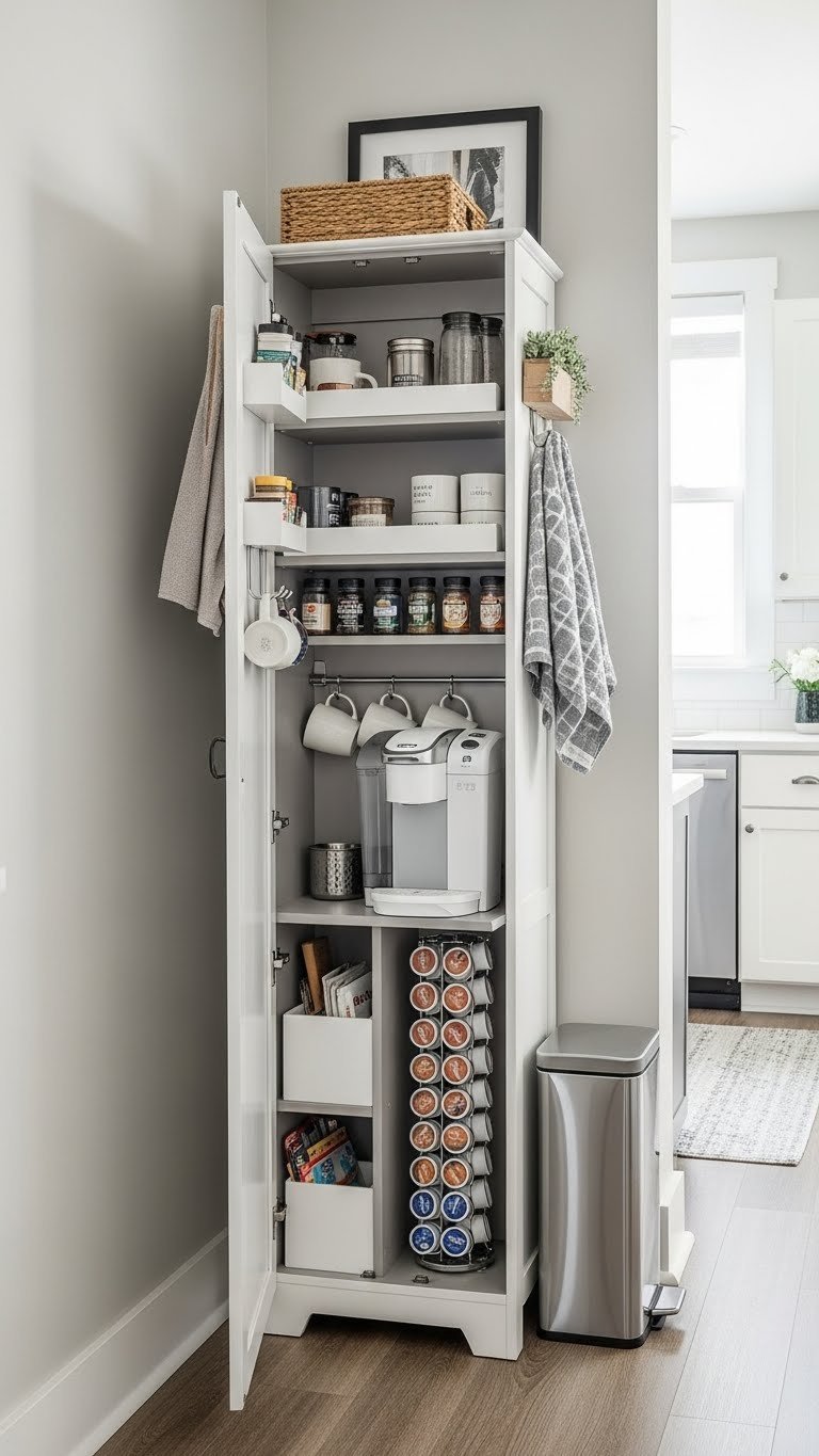 Compact light-colored armoire coffee bar for small spaces with tiered shelves and single-serve coffee maker.