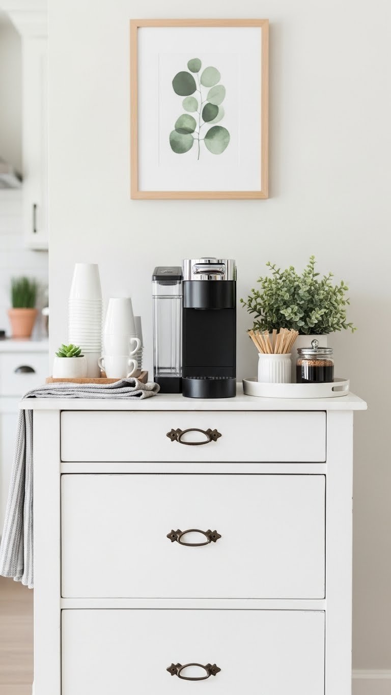 Compact minimalist coffee nook using small painted dresser with single-serve coffee maker and neatly arranged espresso cups