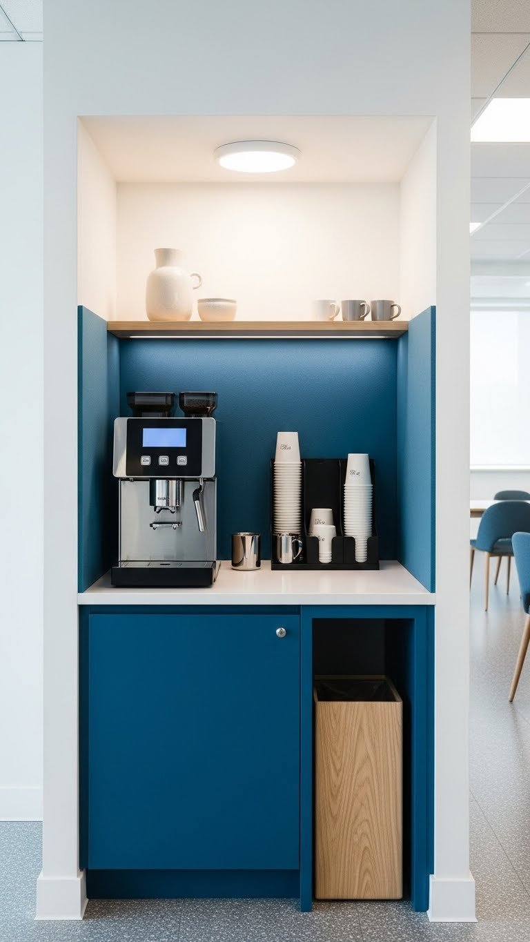Compact modular commercial coffee station with integrated espresso machine in a minimalist office breakroom.