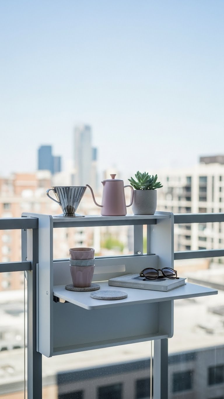 Compact outdoor coffee bar on urban balcony with minimalist pour-over coffee maker and ceramic cups against city skyline backdrop.