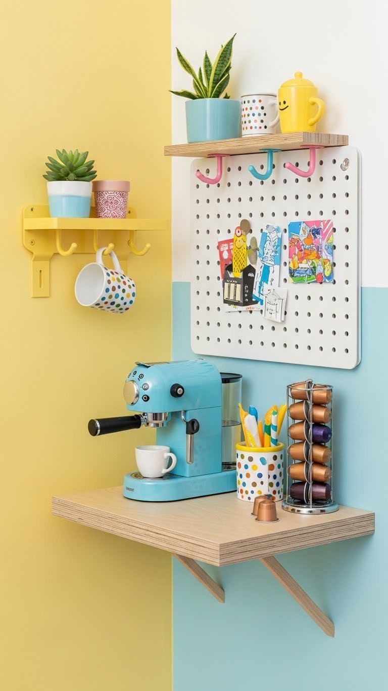 Compact quirky coffee nook for small spaces with floating shelves, miniature espresso maker, brightly painted pegboard, and colorful accessories.