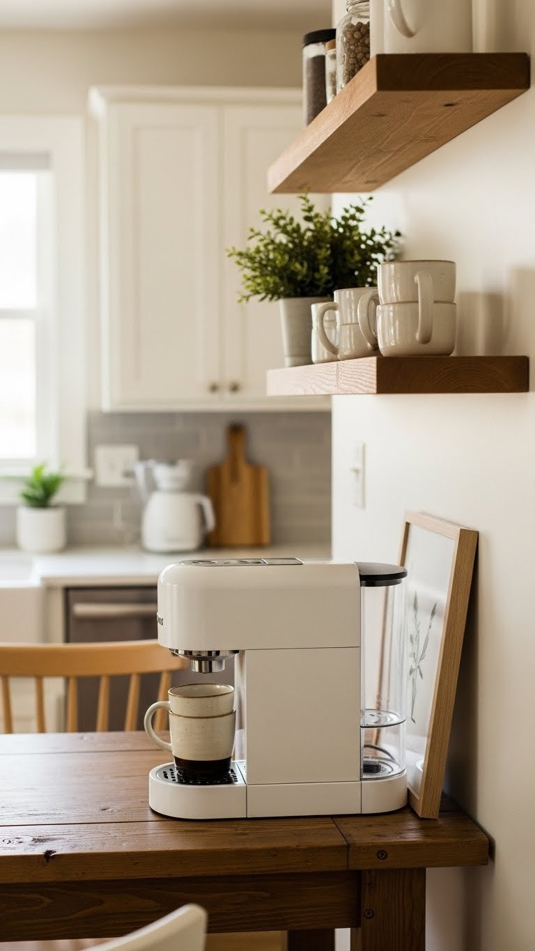 Compact rustic modern coffee nook with natural wood shelving and matte black appliances in warm cream and golden brown color palette
